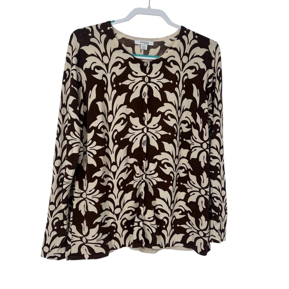 🤎 Dressbarn Brown Ivory Damask Print Cardigan Top 14 🤎